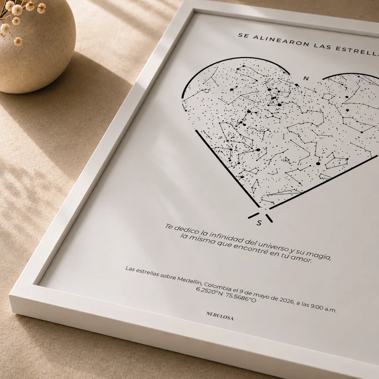 Detalle del mapa estelar en marco blanco